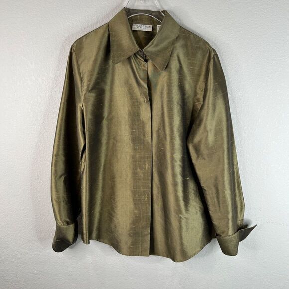 Valerie Stevens Pure Silk Button-Up Shirt Olive Green Size 8 Classic Luxe Staple - Picture 1 of 12